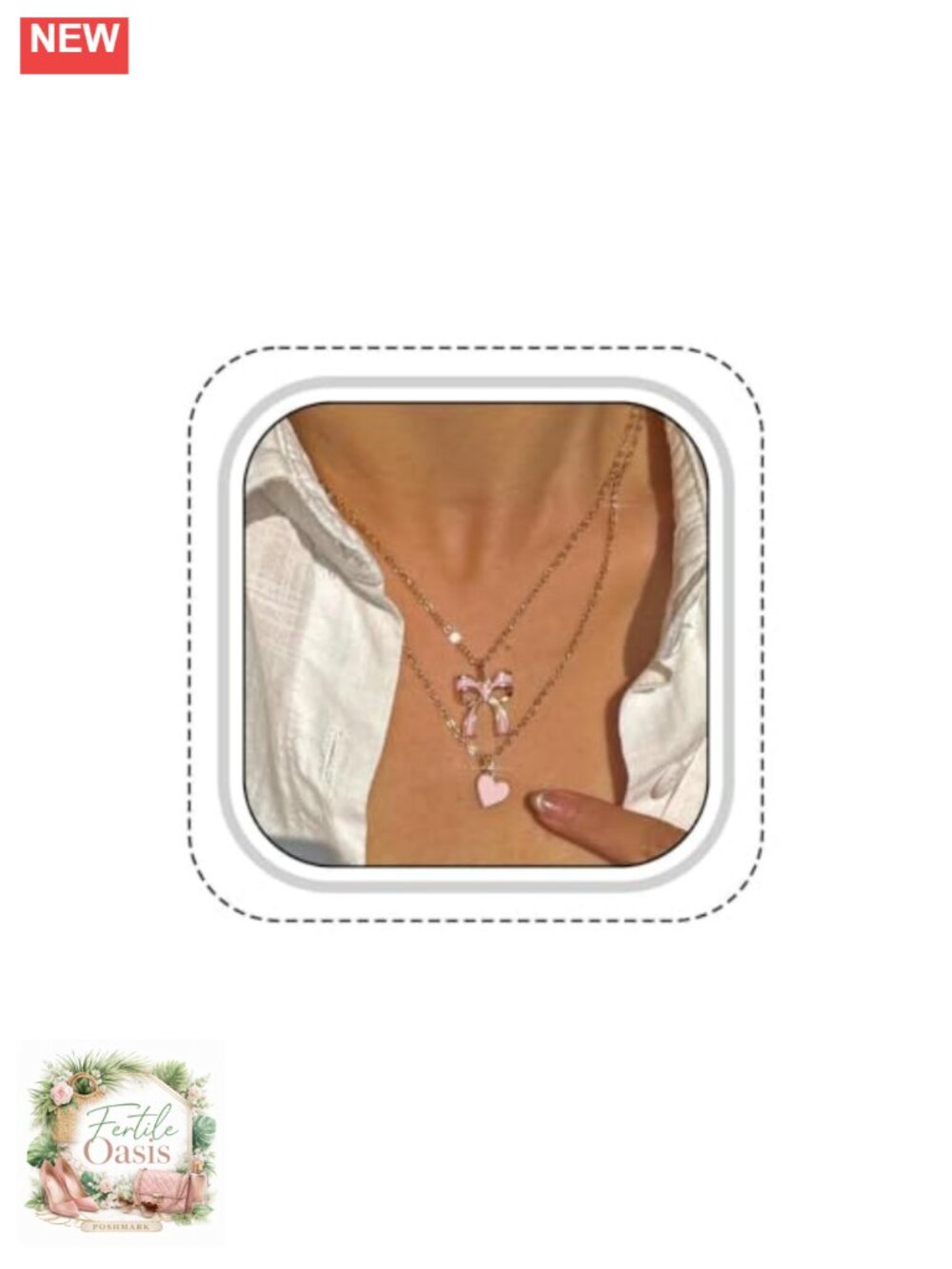 Pink Bow Necklace Double Layered Heart Pendant Gold Tone Choker